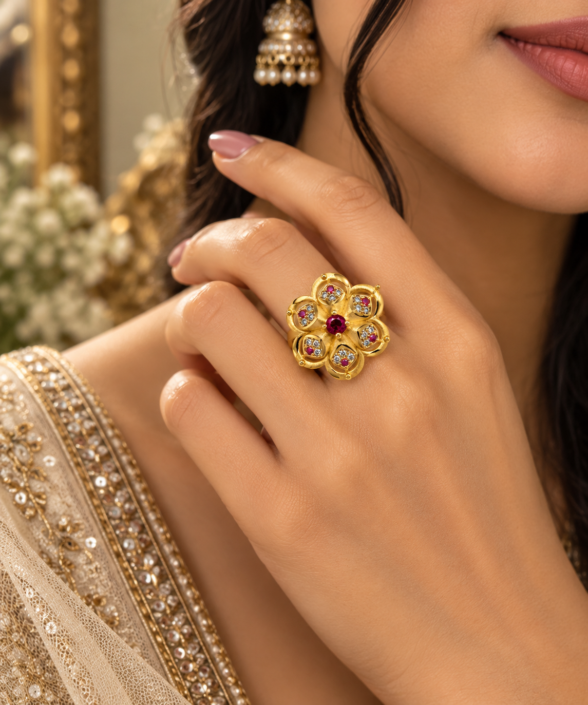 Gold-Toned Ruby Floral Statement Ring