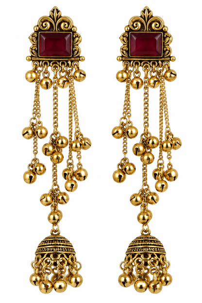 Gold-Toned Red Stone Long Chain Jhumka