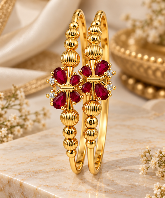 Gold-Toned Red Stone Floral Bangle
