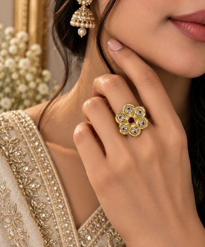 Gold-Toned Ruby Floral Statement Ring