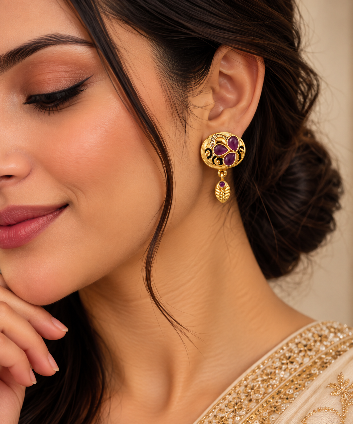 Gold-Plated Purple Floral Stud Drop Earrings