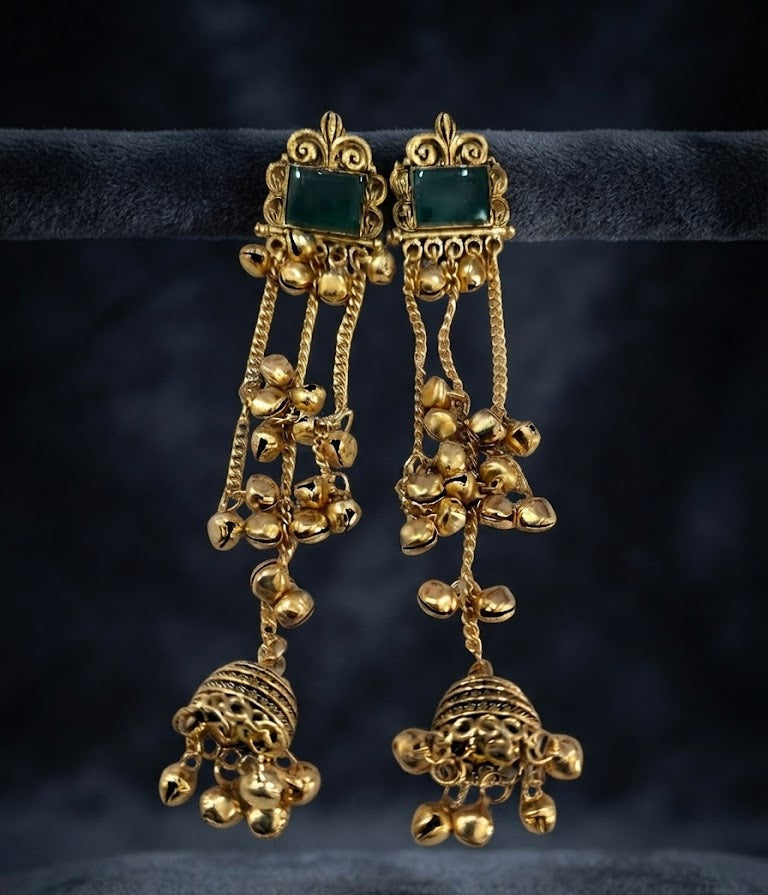 Premium Emerald Green Stone Golden Chain Jhumka Earrings