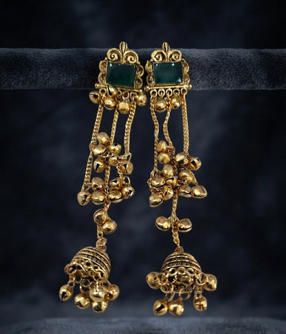Premium Emerald Green Stone Golden Chain Jhumka Earrings