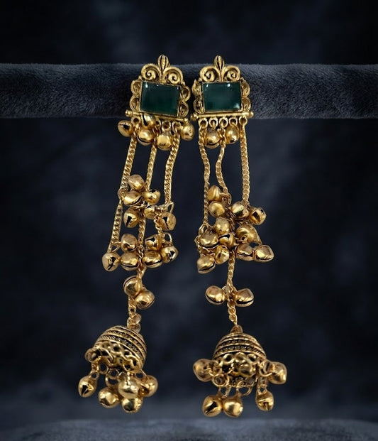 Premium Emerald Green Stone Golden Chain Jhumka Earrings