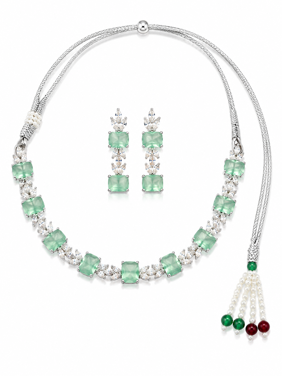 Silver-Toned Aqua Green Stone Necklace Set