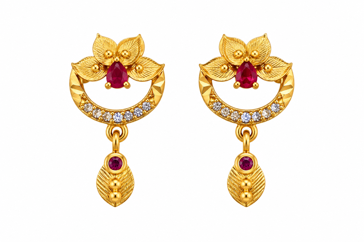 Premium Gold-Toned Floral Crescent Drop Earrings
