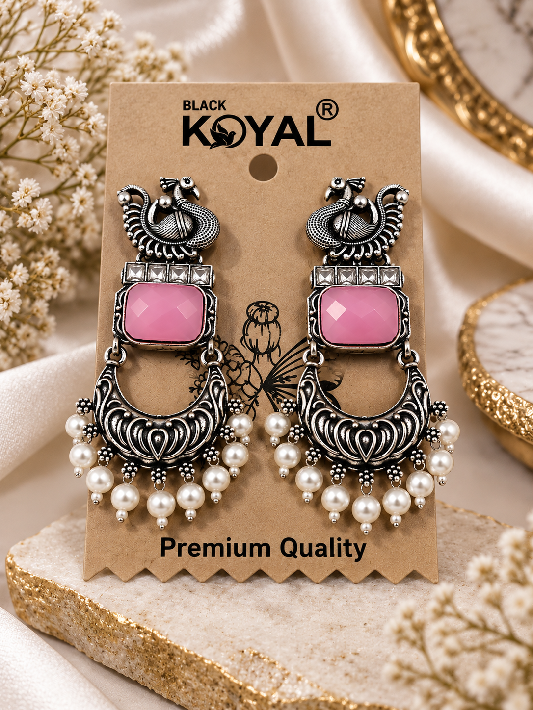 Antique Silver-Toned Rose Pink Stone Statement Earrings