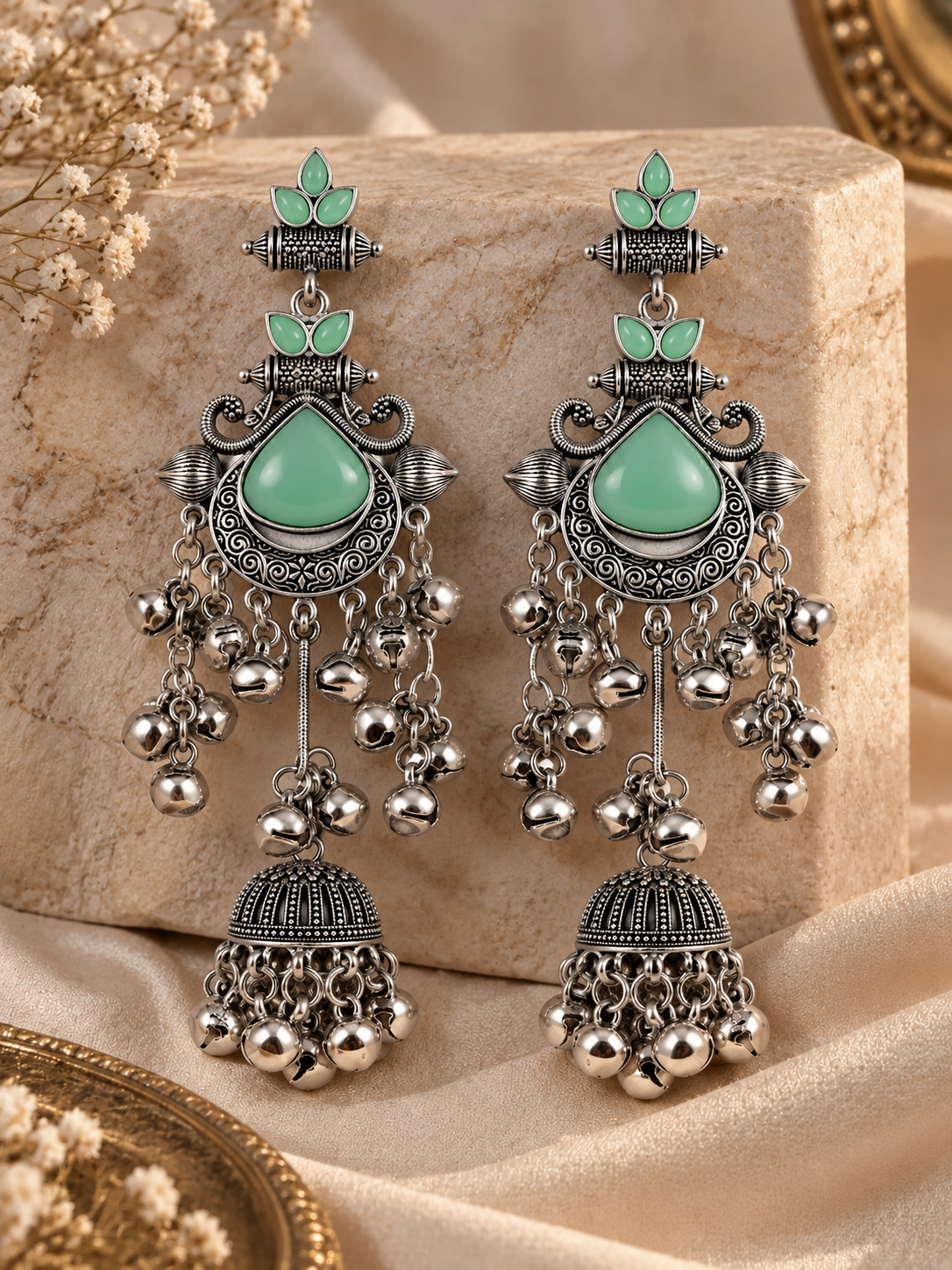 Premium Oxidized Silver-Toned Mint Green Stone Chandelier Jhumka Earrings