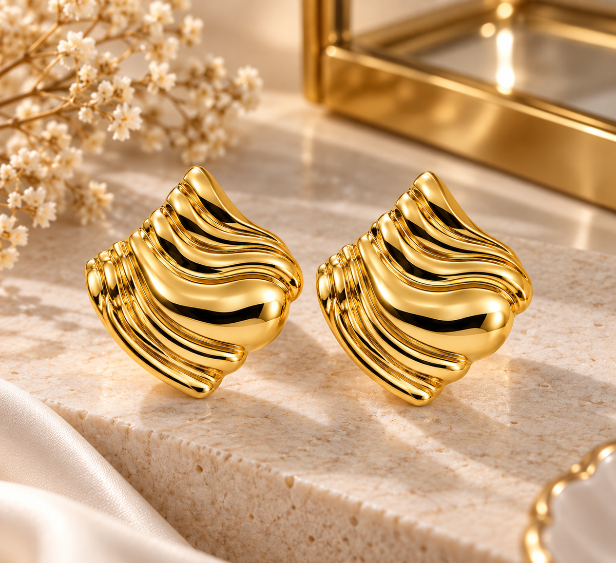 Gold-Toned Sculptural Wave Stud Earrings
