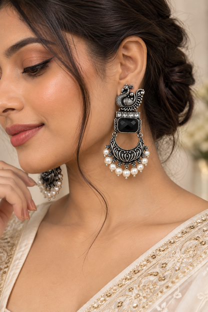 Antique Silver-Toned Black Stone Peacock Statement Earrings