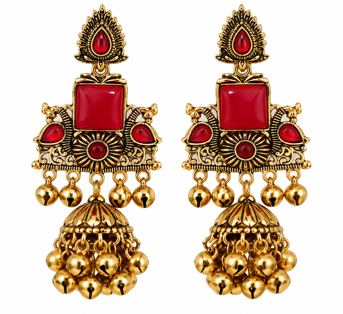 Premium Antique Gold-Toned Red Stone Chandelier Jhumka Earrings
