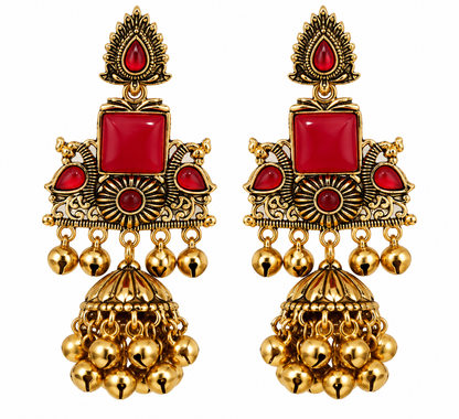 Premium Antique Gold-Toned Red Stone Chandelier Jhumka Earrings