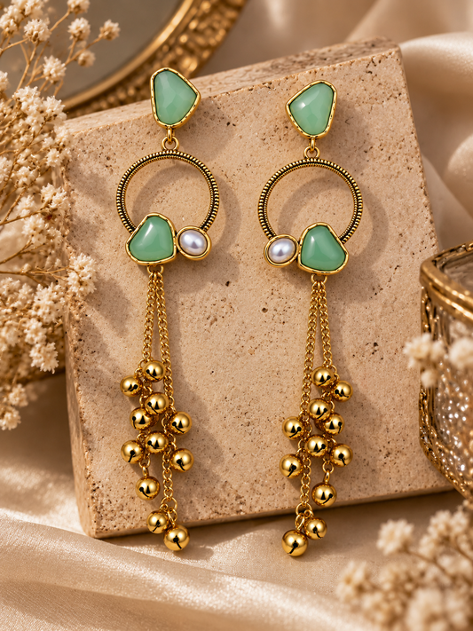 Premium Gold-Toned Mint Green Stone Long Chain Chandelier Earrings