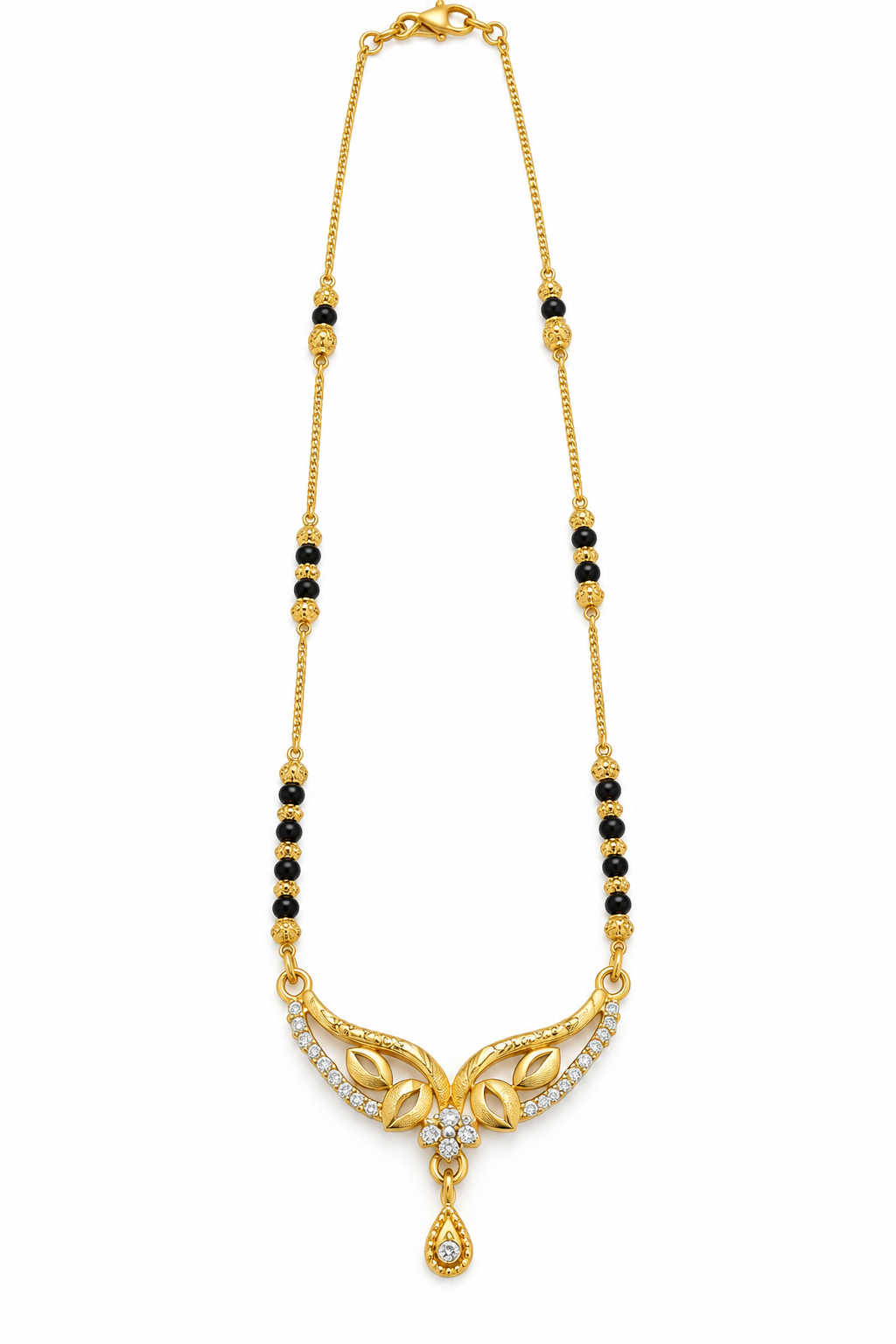 Gold-Toned Black Beaded Floral Pendant Necklace