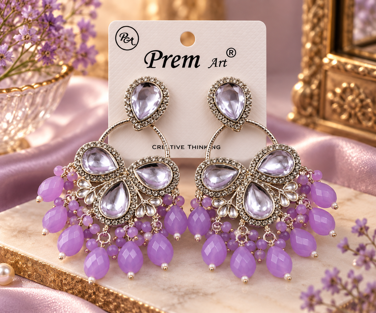 Premium Silver-Toned Lavender Stone Statement Earrings
