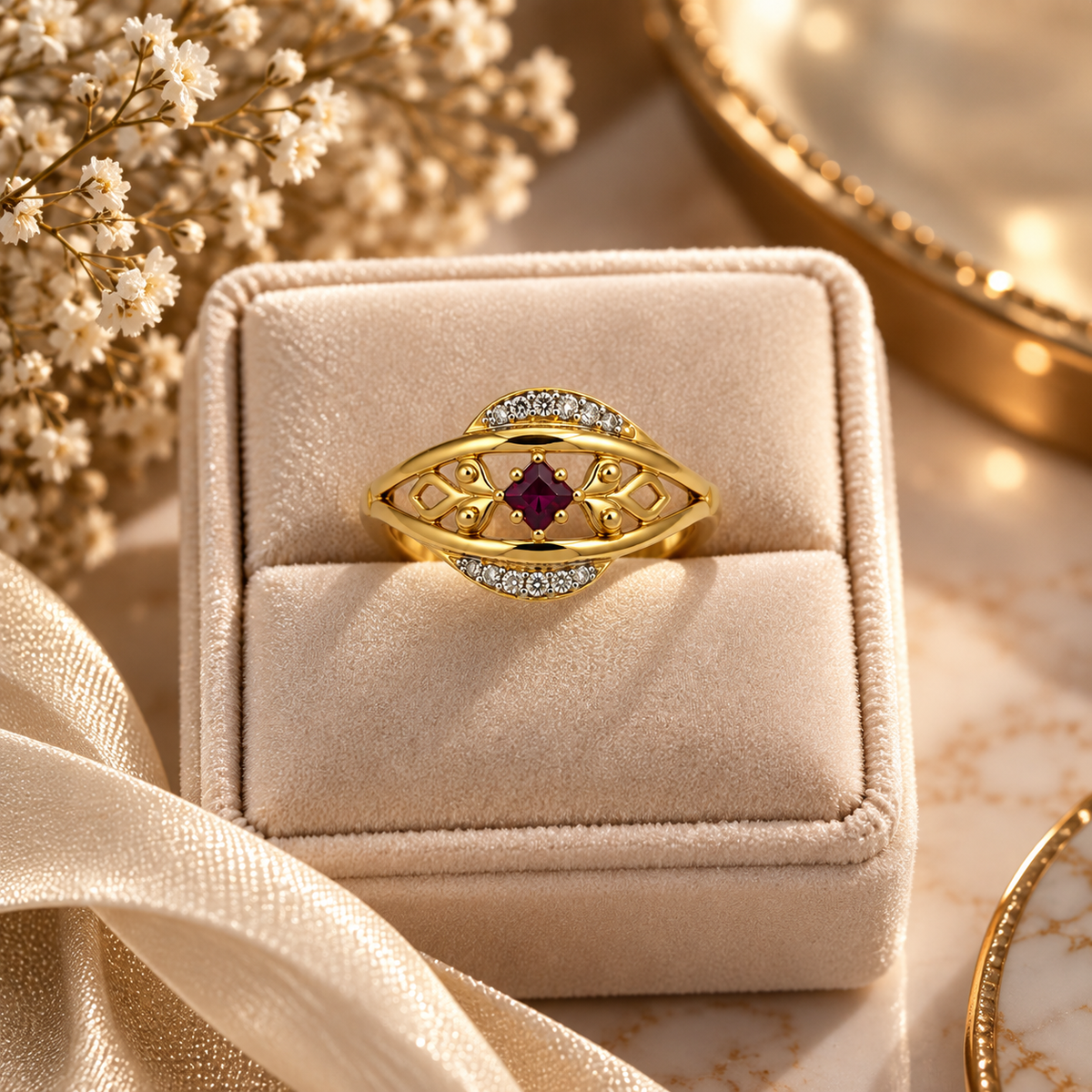 Gold-Toned Ruby Filigree Statement Ring