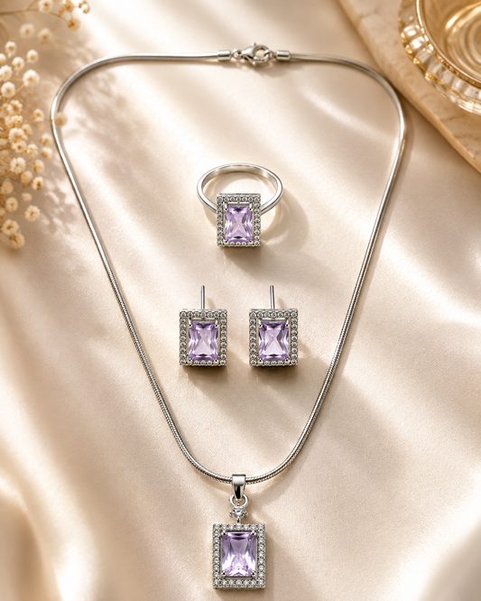 Elegant Lavender Silver-Toned Pendant Set