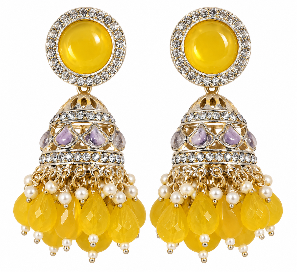 Premium Gold-Toned Yellow Stone Jhumka Earrings with Pearl & Beaded Detailing