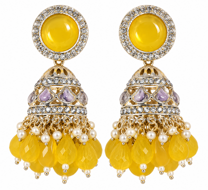 Premium Gold-Toned Yellow Stone Jhumka Earrings with Pearl & Beaded Detailing
