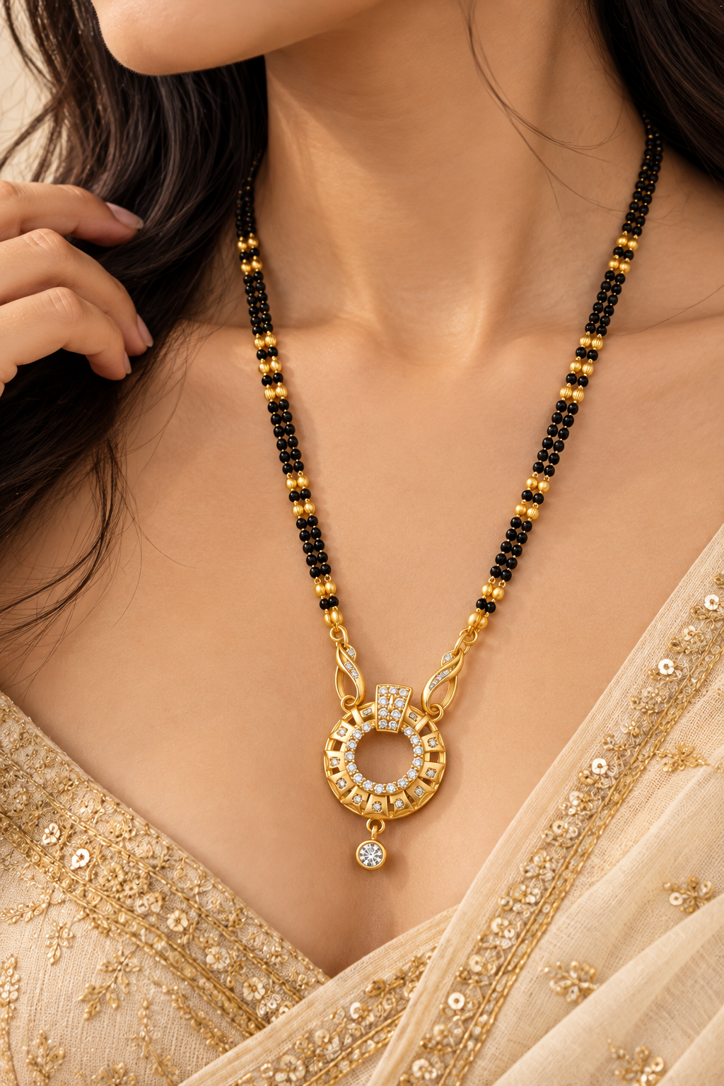 Elegant Black-Beaded Mangalsutra with Gold-Toned Circular Pendant