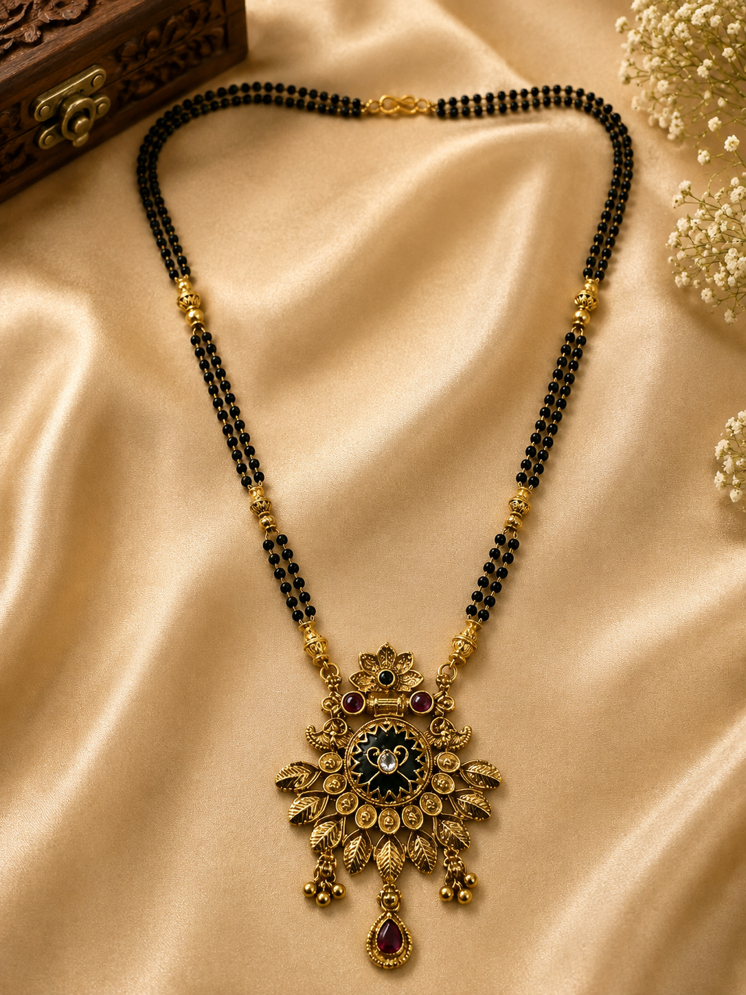 Antique Gold-Toned Black Beaded Floral Mangalsutra