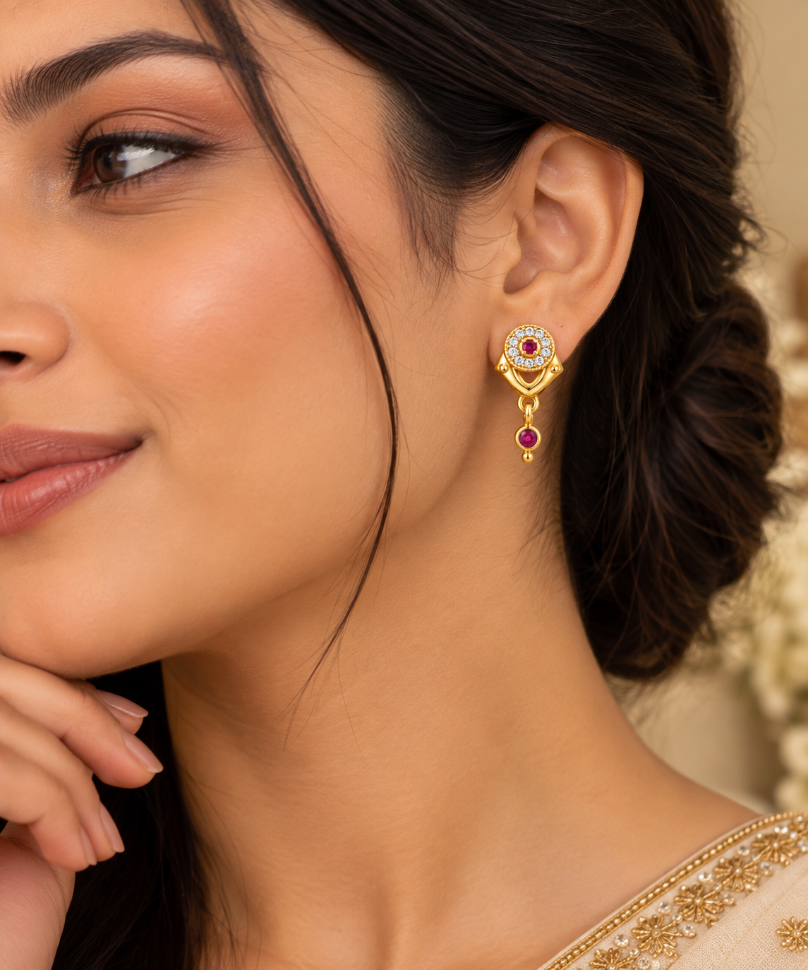 Premium Gold-Toned Ruby Crystal Drop Stud Earrings