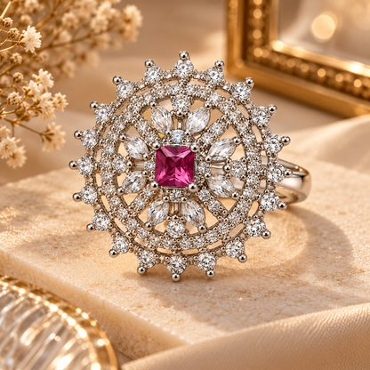 Silver-Toned Pink Stone Statement Ring