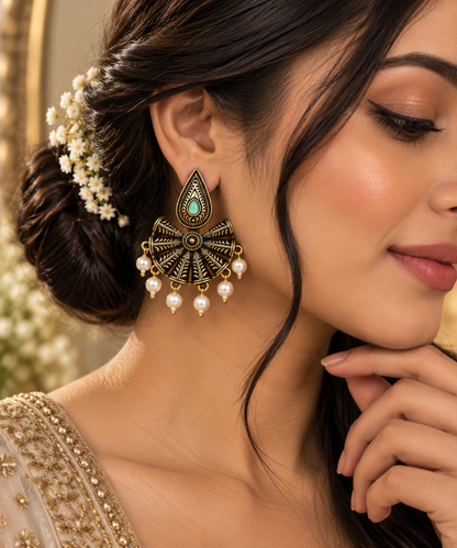Premium Antique Gold-Toned Peacock-Inspired Earrings with Mint Green Stones