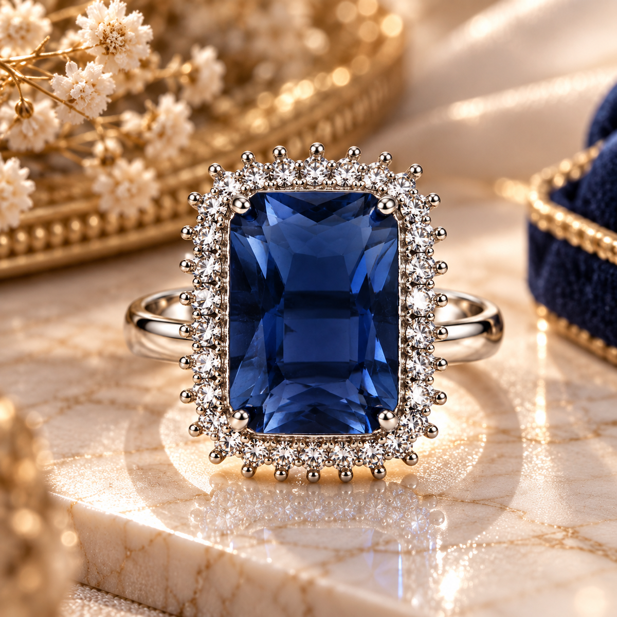 Silver-Toned Deep Blue Rectangle Statement Ring