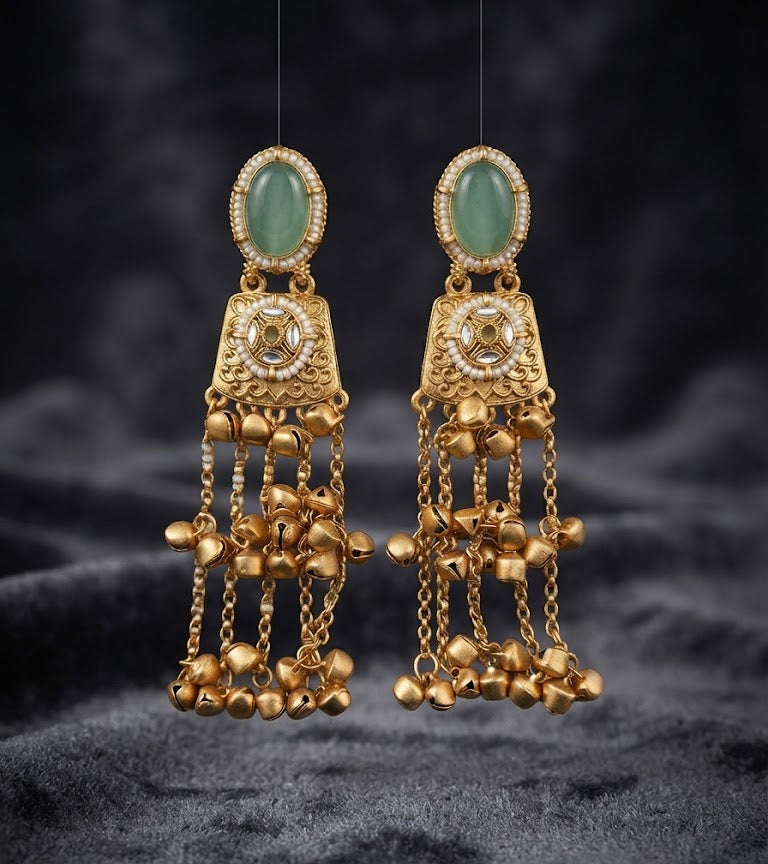 Premium Emerald Green Stone Golden Chain Statement Earrings