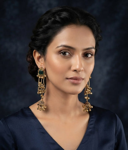 Premium Emerald Green Stone Golden Chain Jhumka Earrings