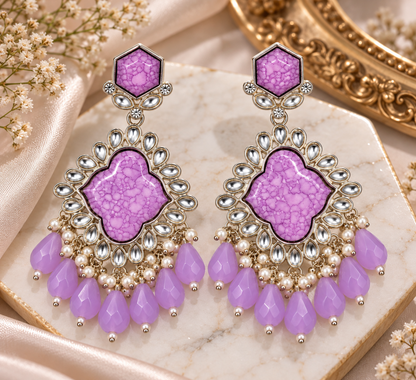 Premium Lavender Marbled Stone & Pearl Chandelier Earrings