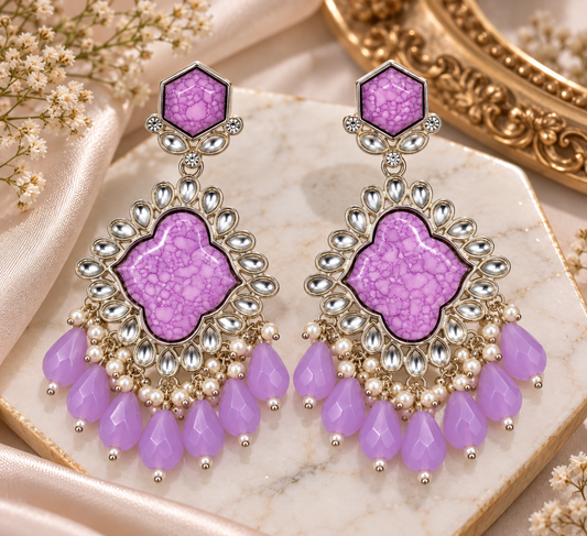 Premium Lavender Marbled Stone & Pearl Chandelier Earrings