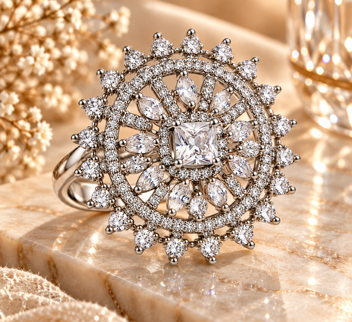 Premium Silver-Toned Crystal Statement Ring