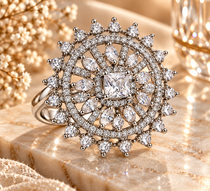 Premium Silver-Toned Crystal Statement Ring