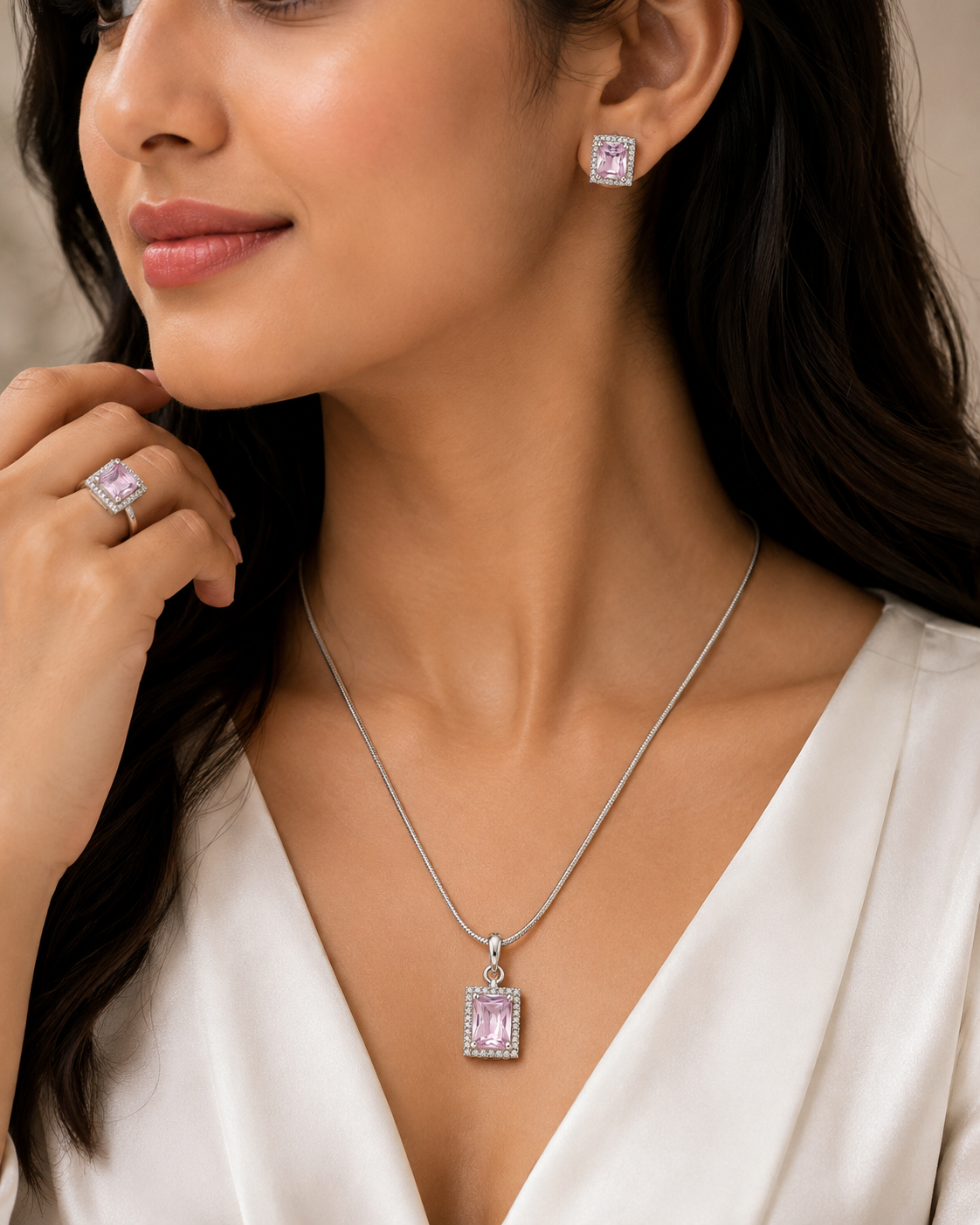Elegant Pink Silver-Toned Pendant Set