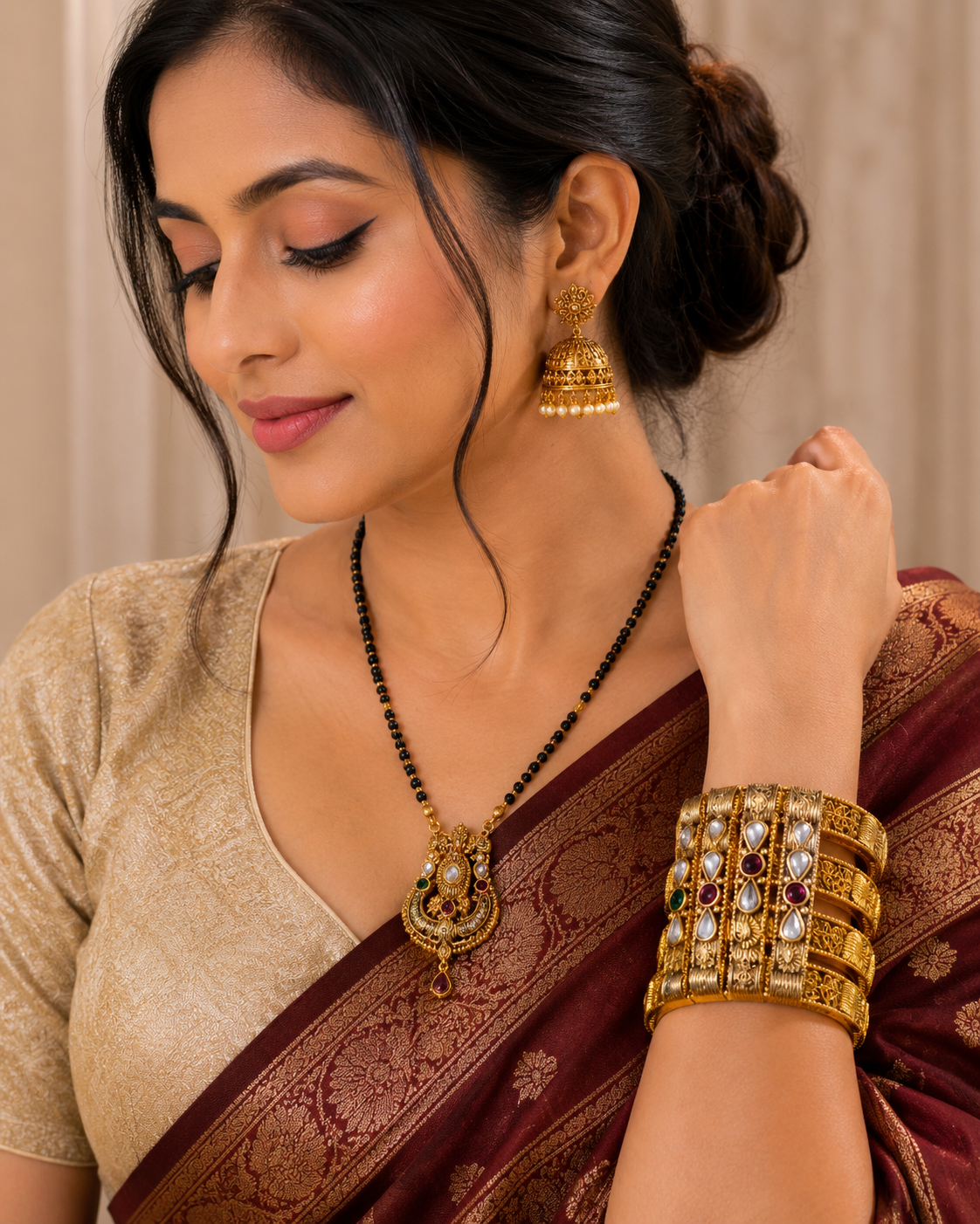 Antique Gold-Toned Multicolor Stone Bangle Set