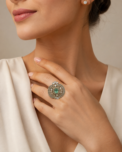 Premium Silver-Toned Emerald Statement Ring