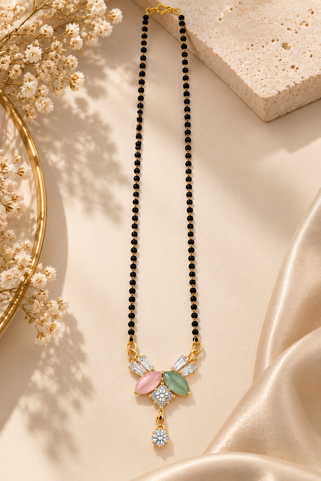 Premium Black Beaded Mangalsutra with Multicolor Floral Pendant