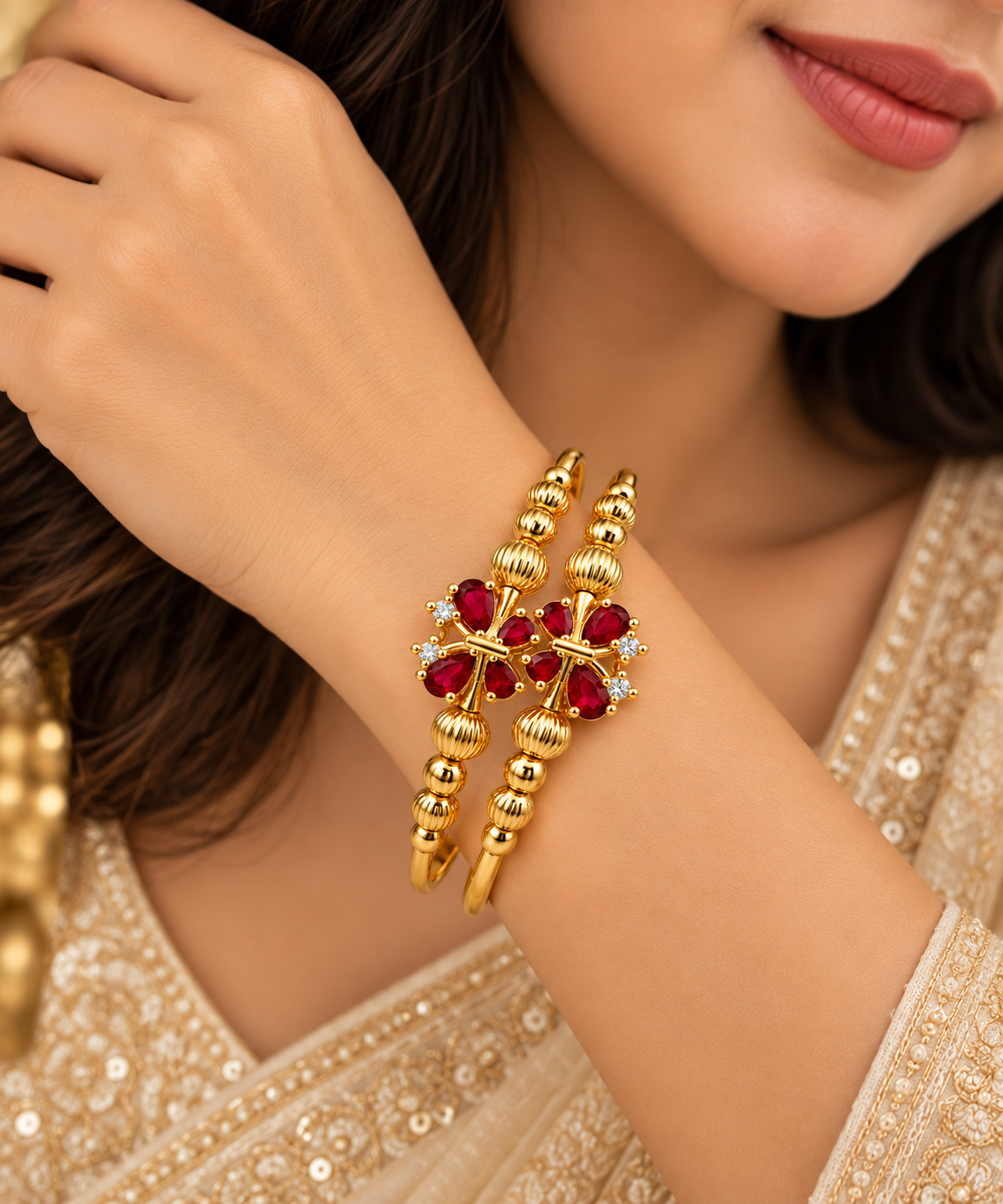 Gold-Toned Red Stone Floral Bangle