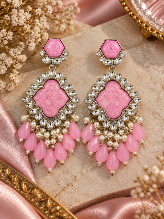 Premium Silver-Toned Pink Stone Pearl Chandelier Earrings