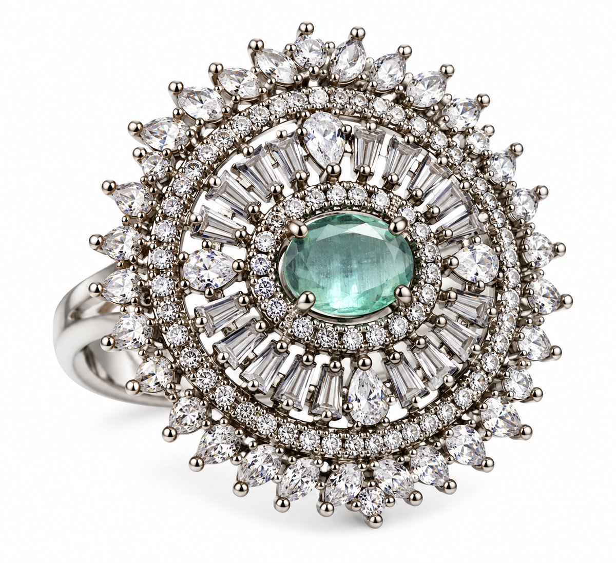 Premium Silver-Toned Aqua Stone Statement Ring
