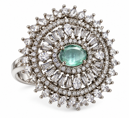 Premium Silver-Toned Aqua Stone Statement Ring