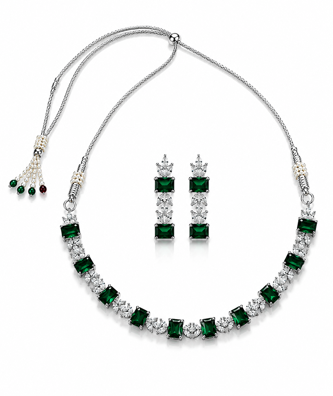 Silver-Toned Emerald Green Rectangular Stone Necklace & Earring Set