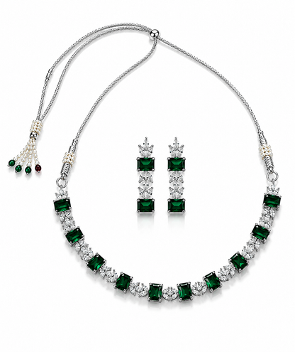 Silver-Toned Emerald Green Rectangular Stone Necklace & Earring Set