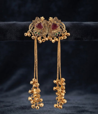 Premium Maroon Stone Golden Chain Bell Drop Earrings