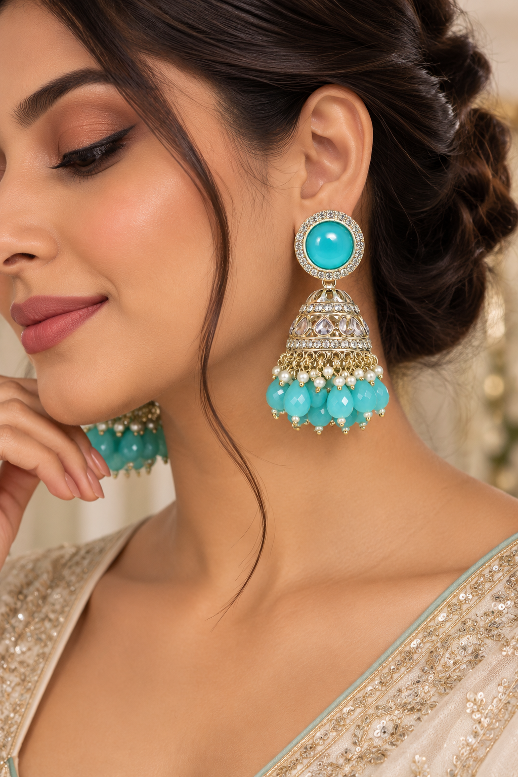 Premium Gold-Toned Turquoise Jhumka Earrings