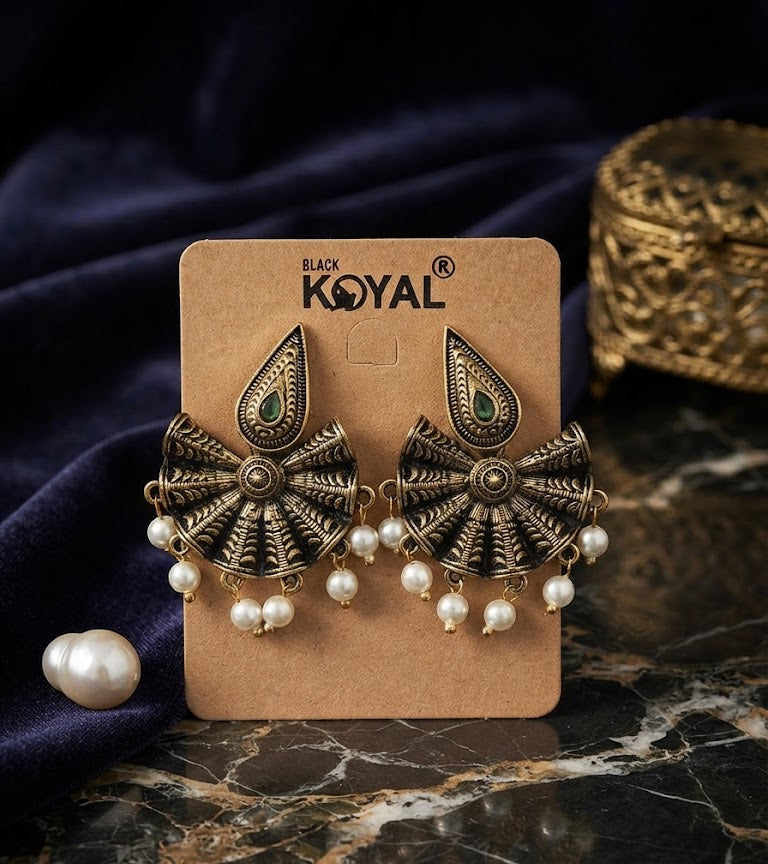 Premium Antique Gold-Toned Black Filigree & Pearl Statement Earrings