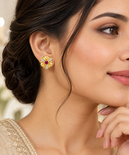 Gold-Toned Floral Ruby Stud Earrings