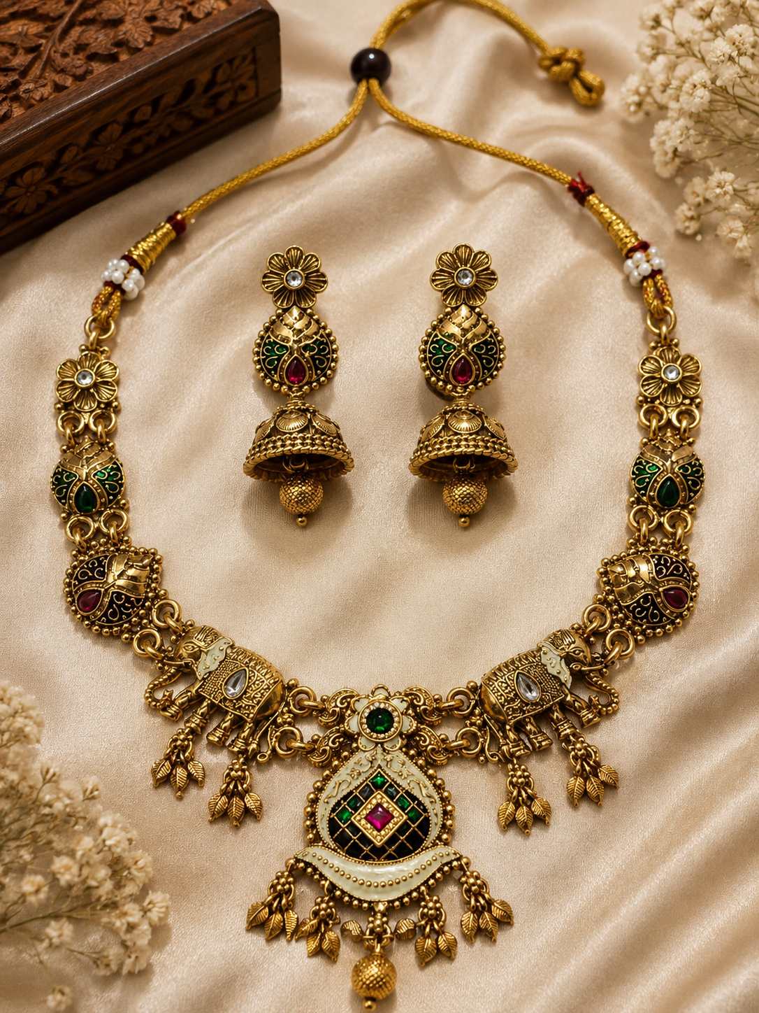 Royal Elephant Motif Kundan Necklace & Jhumka Set